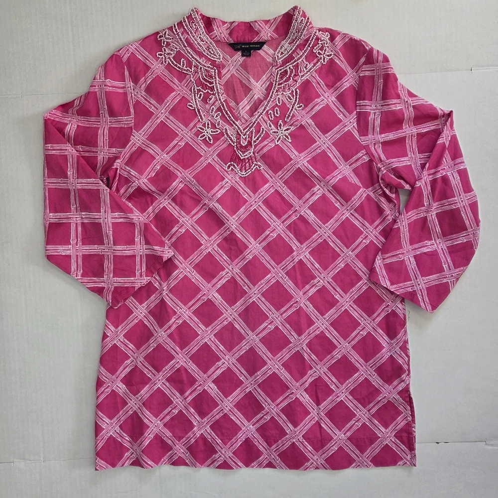 Brooks Brothers Womens Beaded 3/4 Sleeve Tunic Size L Pink/White Lattice Print